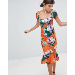 ASOS Square Neck Floral Pephem Body-conscious Midi Dress